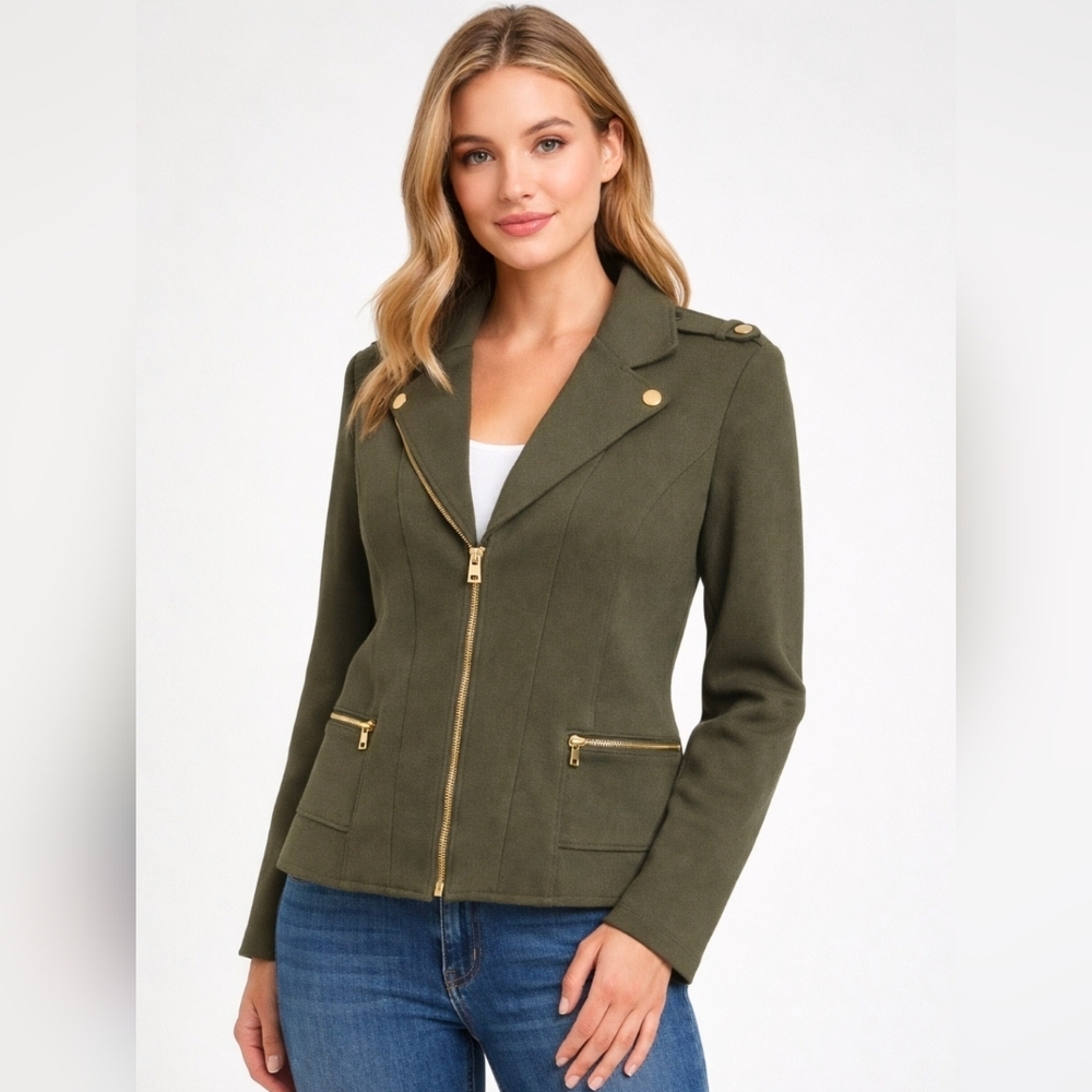 Marc New York Andrew Marc Olive Green Moto Blazer Jacket Women’s Size M Gold Zip